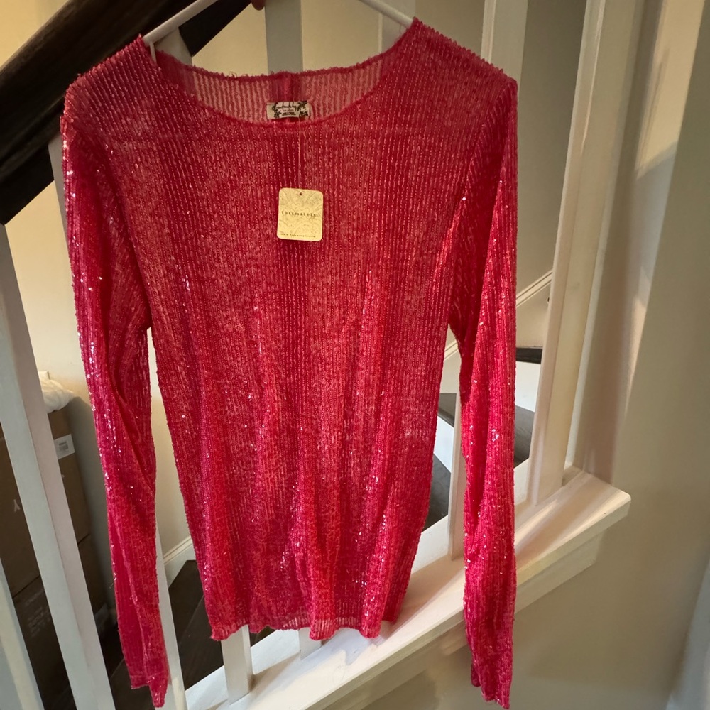 Intimately Free People Gold Rush Long Sleeve Hot Pink Sequin shirt